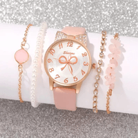 Reloj de Cuarzo Deportivo Rosa + 4 Pulseras Casual Mujer Cuero liso