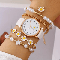 Reloj de Cuarzo Casual Blanco + 3 Pulseras Margaritas Mujer Cuero Liso