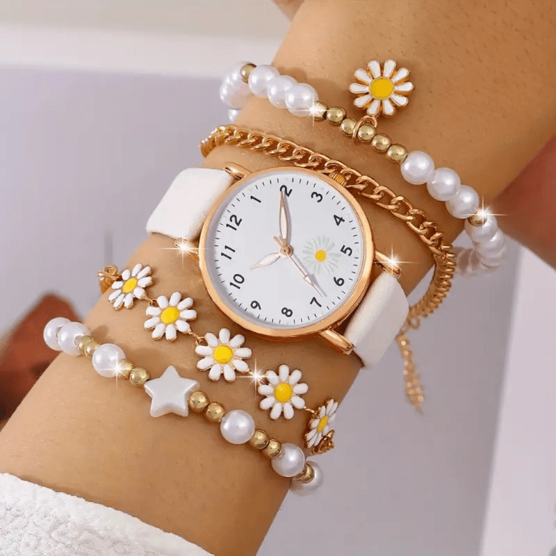 Reloj de Cuarzo Casual Blanco + 3 Pulseras Margaritas Mujer Cuero Liso