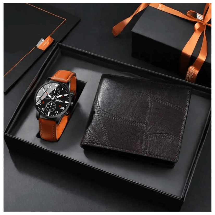 Reloj de Cuarzo Camel + 1 Billetera Ejecutiva Cuero Liso Negro Hombre