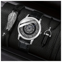 Reloj de Cuarzo Casual Negro Cuero Liso + 1 Pulsera y Collar Hombre