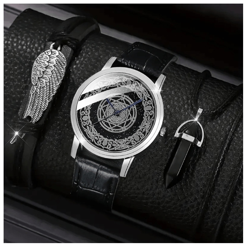 Reloj de Cuarzo Casual Negro Cuero Liso + 1 Pulsera y Collar Hombre