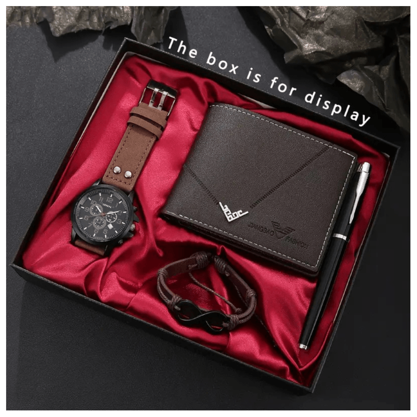 Reloj de Cuarzo Marron + 1 Billetera Cuero + Pulsera y Bolígrafo Hombre