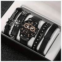 Reloj de Cuarzo Negro Casual Hombre Cuero Liso + 3 Pulseras Trenzadas