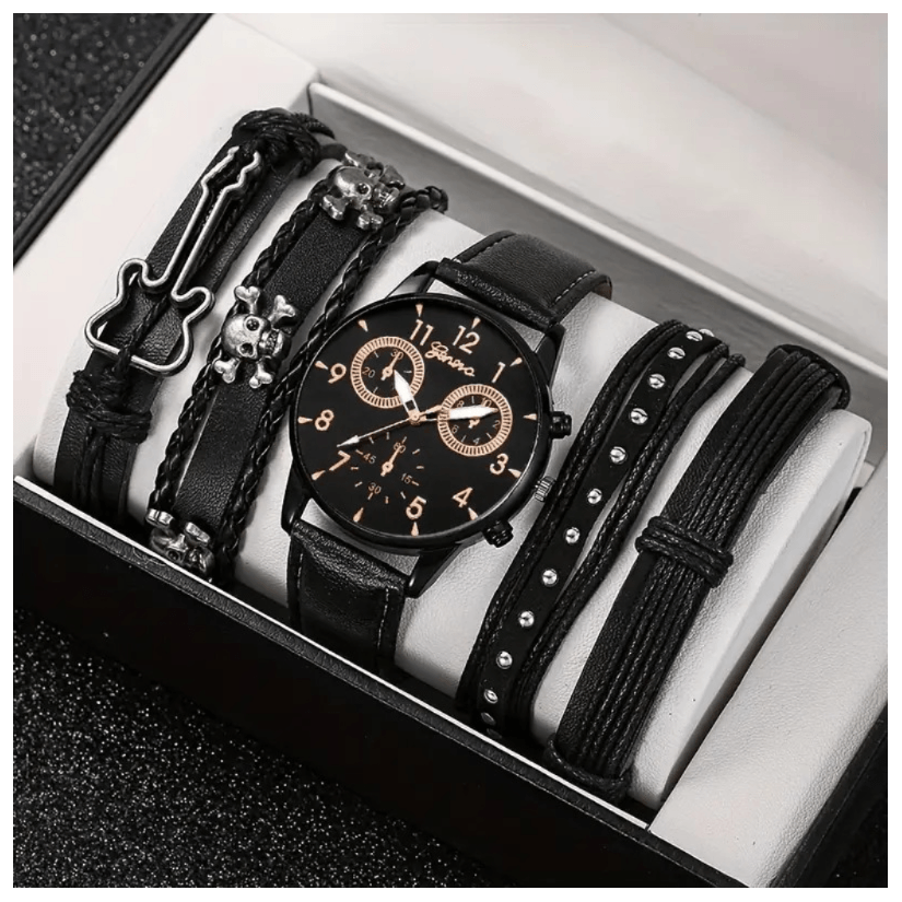 Reloj de Cuarzo Negro Casual Hombre Cuero Liso + 3 Pulseras Trenzadas