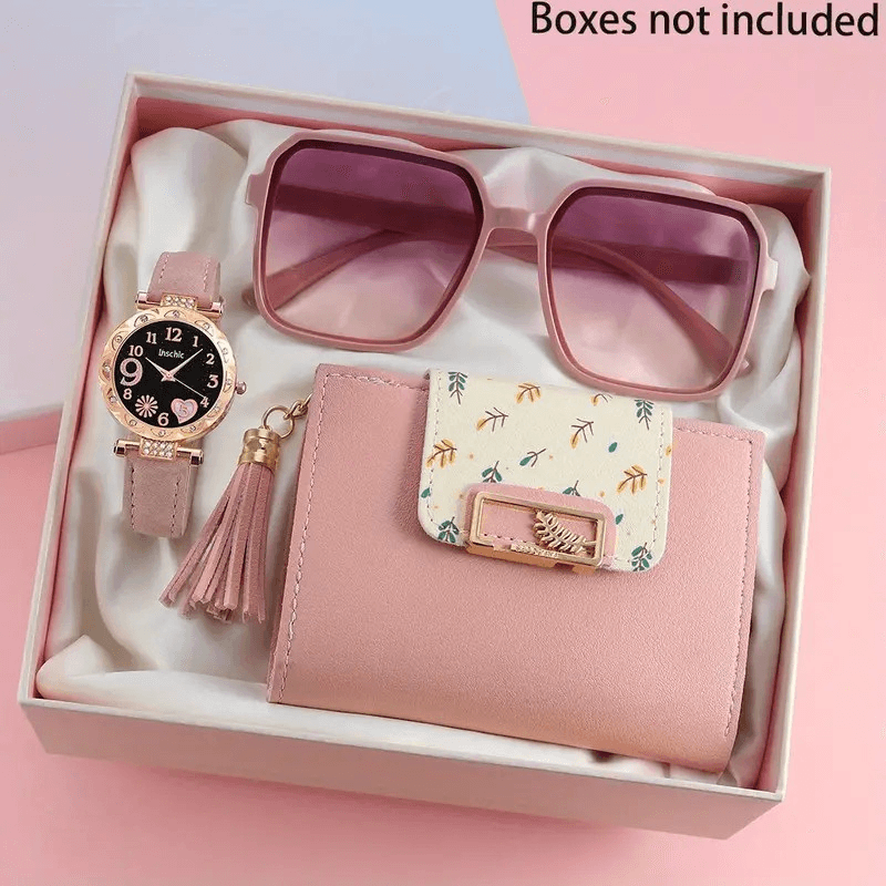 Reloj de Cuarzo Rosa + 1 Billetera Cuero Liso + Gafas Polarizado Mujer
