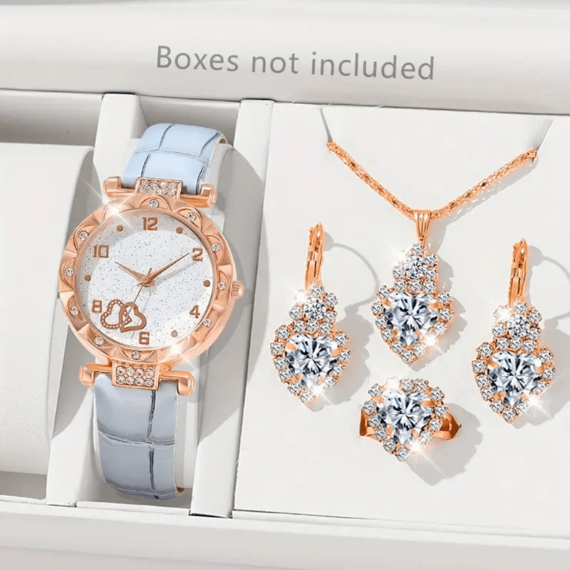 Reloj de Cuarzo Celeste Mujer + Pulsera+Collar y Accesorios Brillantes