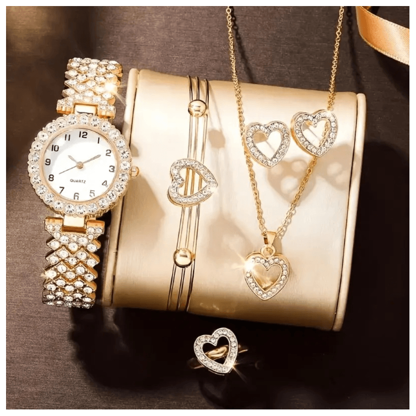 Reloj De Cuarzo Dorado Mujer + Pulsera + Collar y Accesorios Corazones