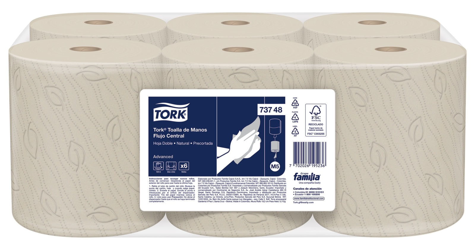 Papel Toalla en Rollo Precortada Hoja Doble Tork Natural 6 x 120 mts