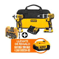COMBO Dewalt Inalámbrico: Taladro Percutor Dcd796 1/2"" + Atornillador de Impacto DCF 887 1/4"" 20V + Bateria 4.0Ah 20V Max DCB204