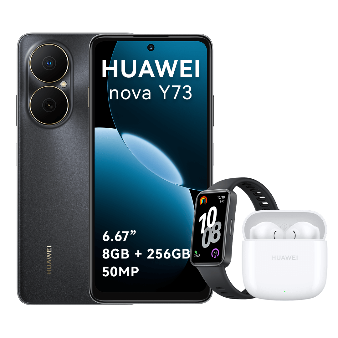 Combo: Celular Huawei Nova Y73 256GB, 8GB RAM, cámara principal 50MP, frontal 8MP, 6.67"", negro + Band 10 + FreeBuds SE 2