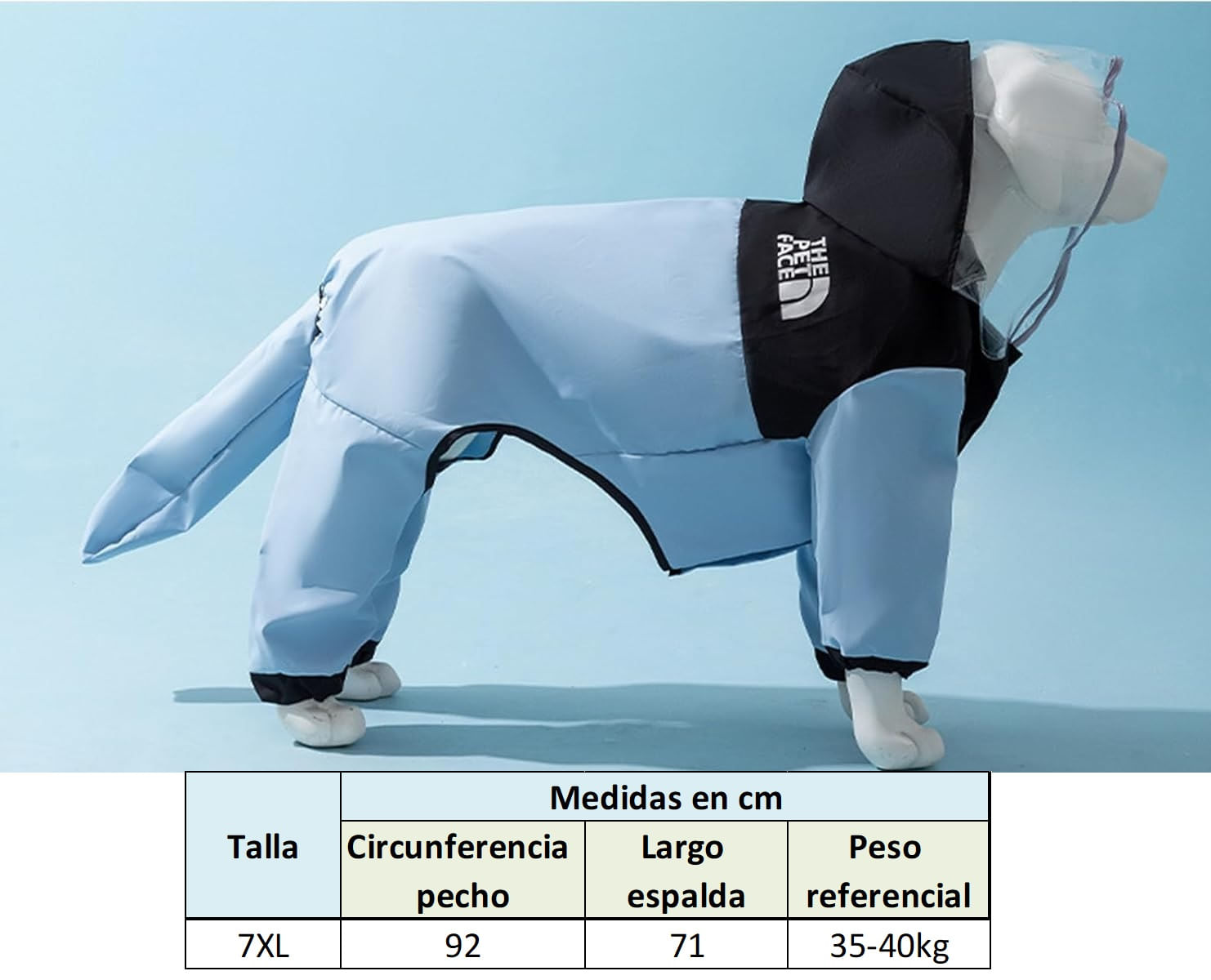 Impermeable premium para perros grandes 35-40kg celeste 100% antilluvia 7XL