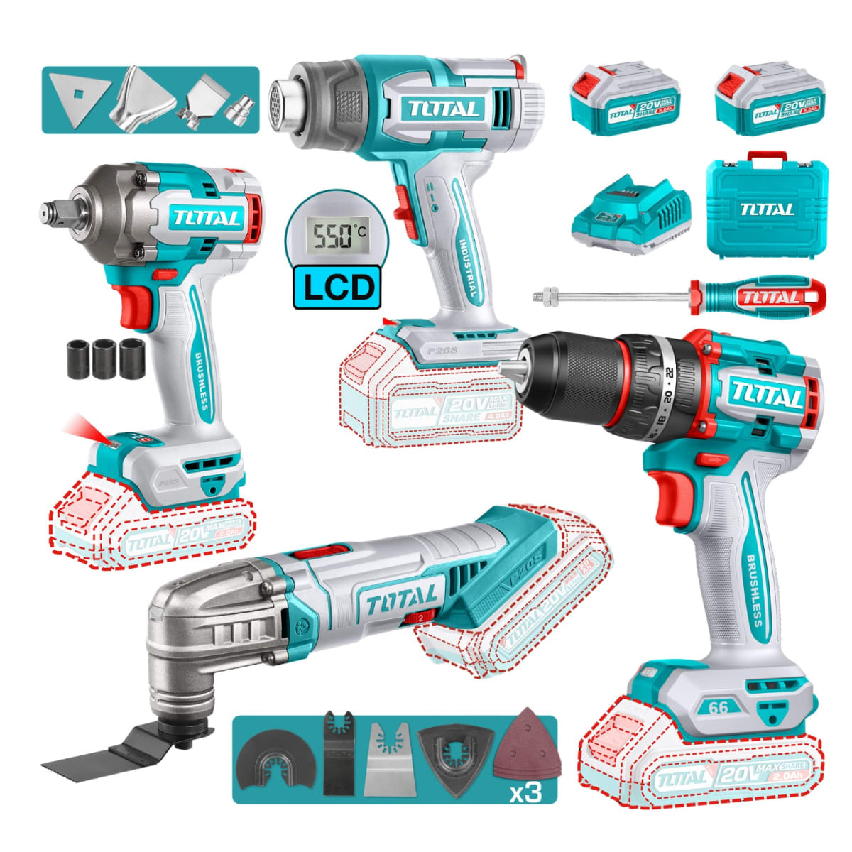 Taladro percutor 66nm + llave de impacto + pistola de calor + herramienta multifunción Total