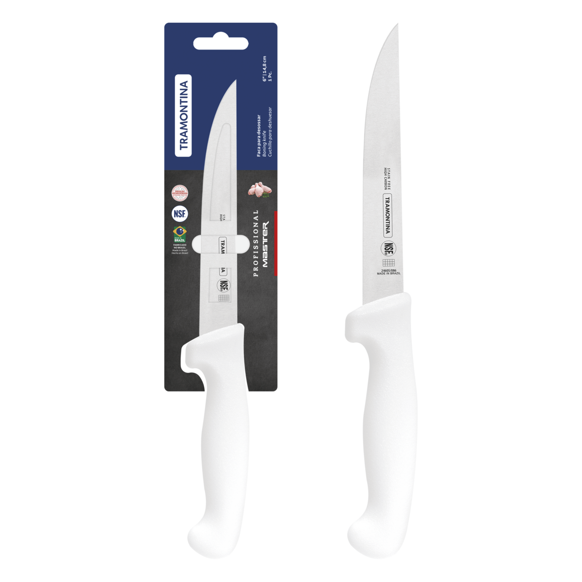 Cuchillo para Deshuesar Tramontina Profesional con Lámina de Acero Inoxidable y Mango en Polipropileno Blanco 6""