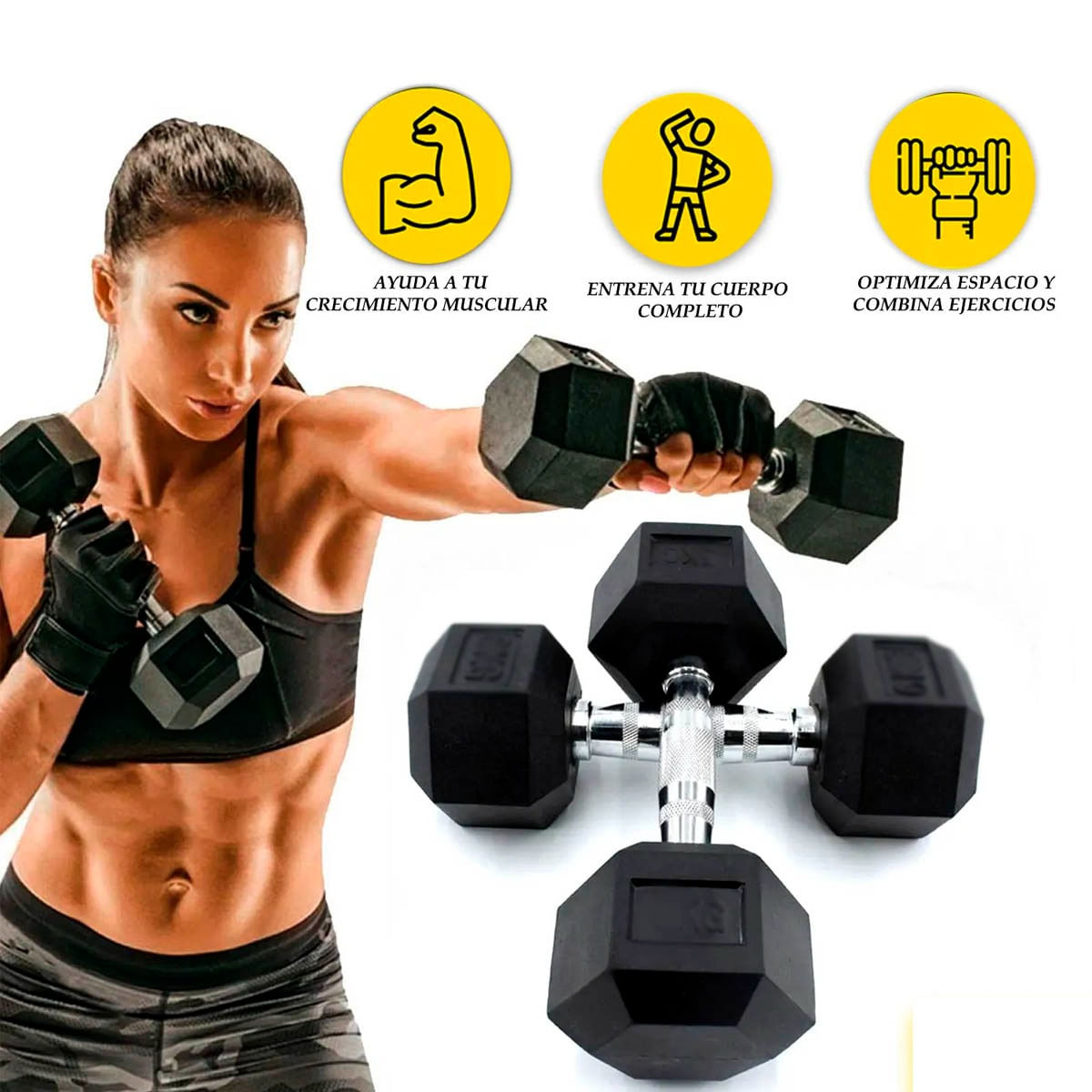 Set De Pesas Mancuernas Hexagonal Metal Cromado X2 17.5Kg