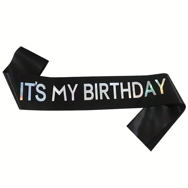 Banda unisex feliz cumpleaños Its my birthday negro y plateado tornasol fiesta