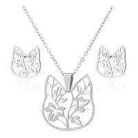 Set collar y aretes gato y flores plateado