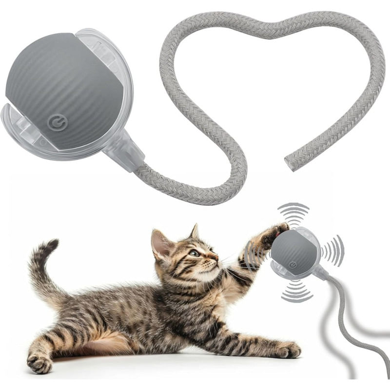 PELOTA INTERACTIVA PARA GATOS CON SOGA JUGUETE INTELIGENTE GIRATORIO GRIS