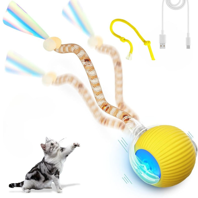 PELOTA INTERACTIVA PARA GATOS CON 2 SOGAS JUGUETE INTELIGENTE GIRATORIO AMARILLO