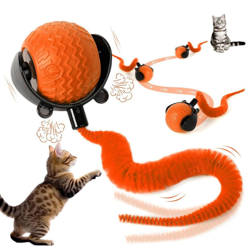 PELOTA INTELIGENTE PARA GATOS JUGUETE INTERACTIVO GIRATORIO CON COLA NARANJA