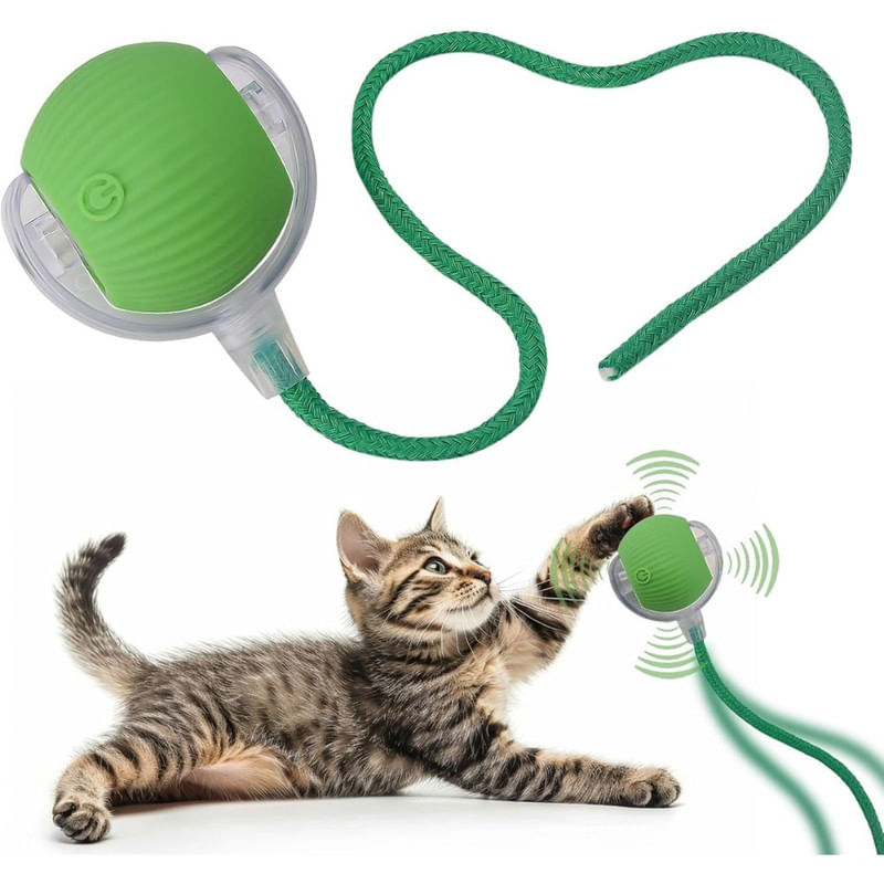 PELOTA INTERACTIVA PARA GATOS CON SOGA JUGUETE INTELIGENTE GIRATORIO VERDE