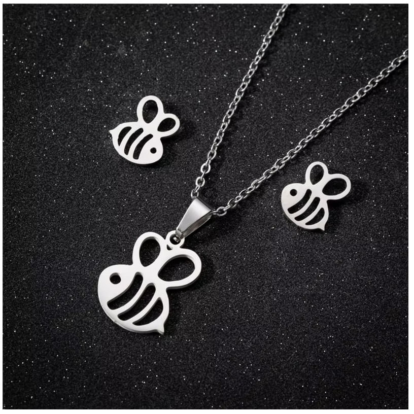 Set collar y aretes abeja plateado