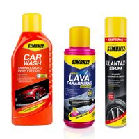 Tripack Limpieza Exteriores Simoniz: Shampoo para auto 1000ml + Aditivo Lava Parabrisas 500ml + Limpiador Removedor de Llantas 480ml