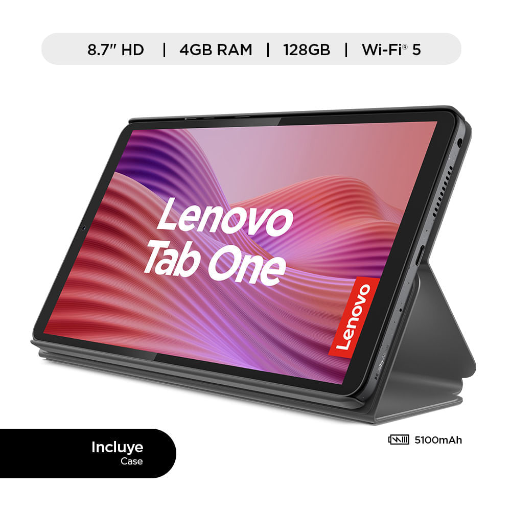 Tablet Lenovo Tab One 8.7"" 128GB, 4GB RAM, cámara principal 8MP y frontal 2MP, 5100 mAh, MediaTek Helio G85, gris + Folio