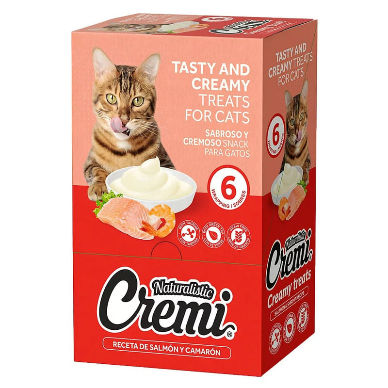Snack para Gato Naturalistic Cremi Salmón y Camarón Pack 6und