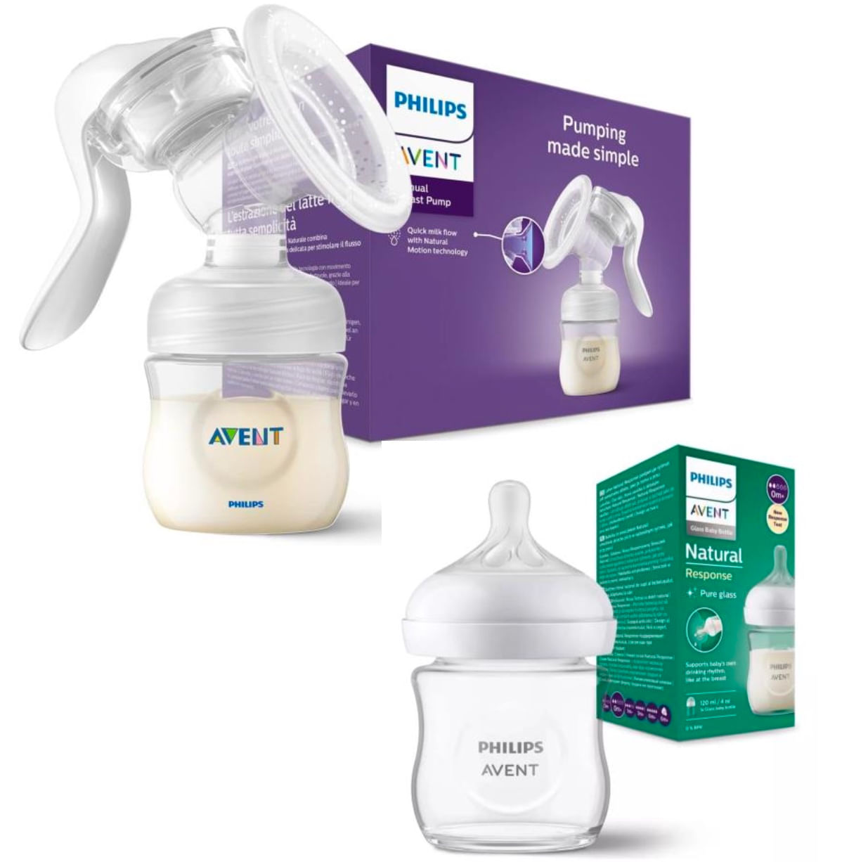 SET DE REGALO EXTRACTOR DE LECHE + 02 BIBERONES AVENT NATURAL 3.0 ANTICOLICO Y ANTIGOTEO