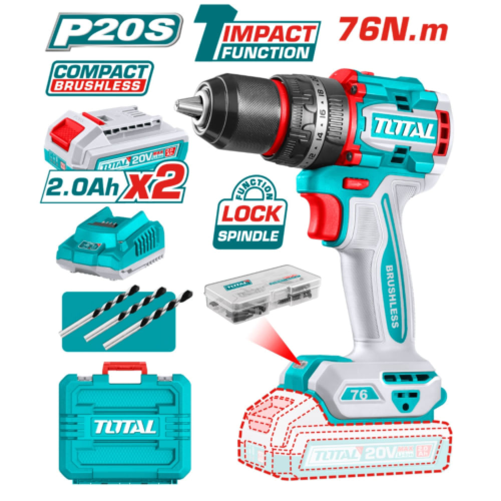 TALADRO PERCUTOR COMPACTO LI-ION 20V 76NM 13MM 2X20AH - TIDLI20768