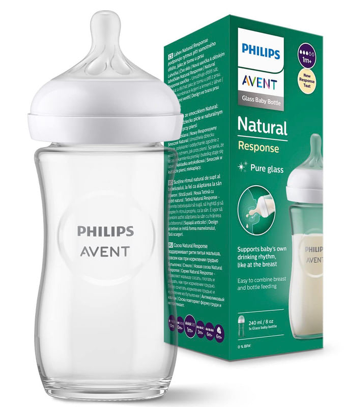 Biberon de Vidrio Avent Natural 3.0 de 240 ml con Tetina 1 M+ - NUEVO