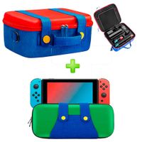 Pack Maleta para Nintendo Switch y Oled Rojo/Azul + Estuche Luigi Verde/Azul