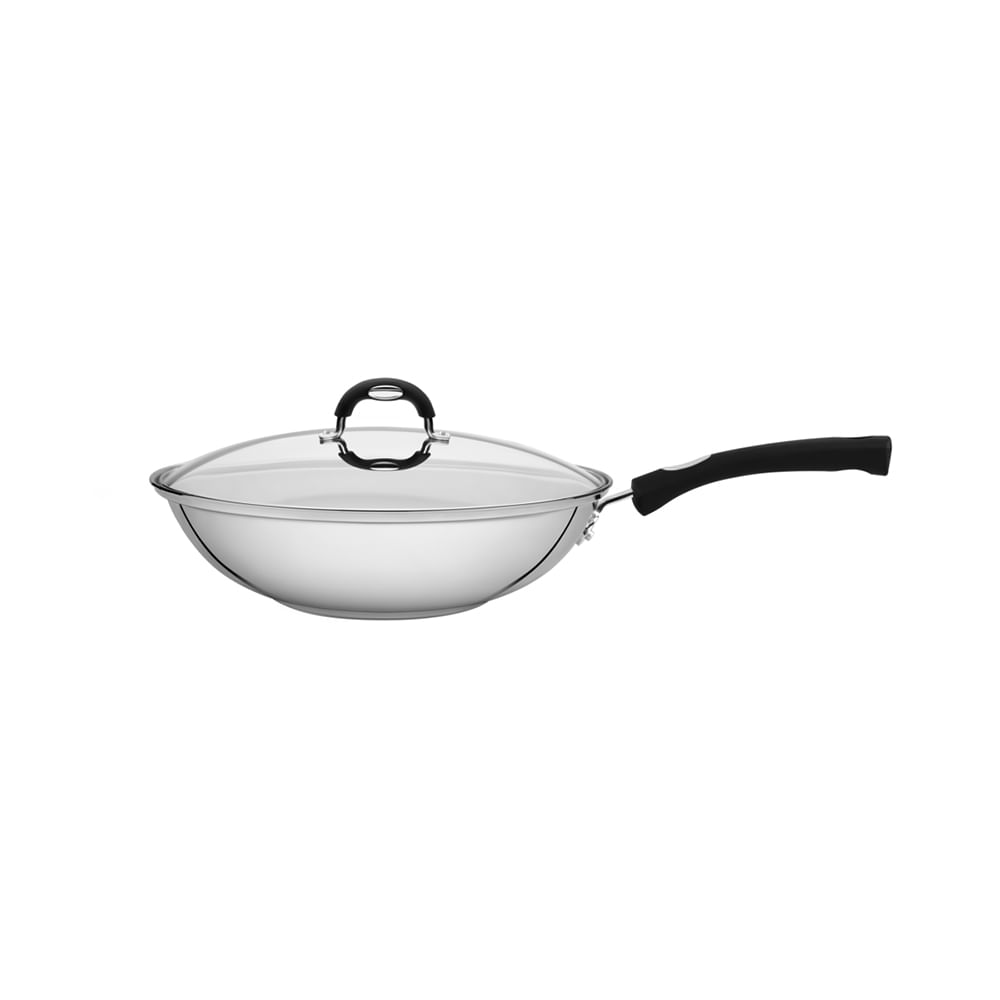 SARTÉN WOK CON TAPA TRAMONTINA ACERO INOXIDABLE 28 CM SOLAR SILICONE