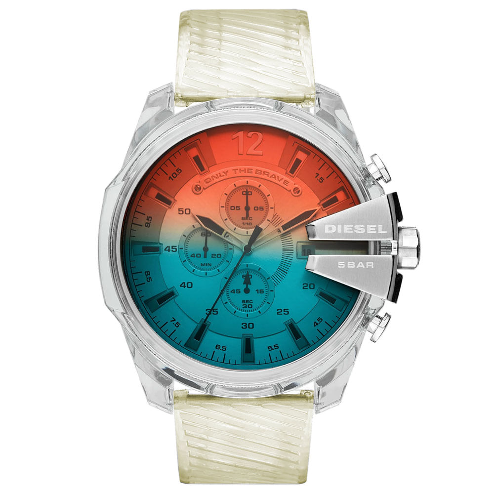 Reloj Diesel Mega Chief DZ4515 Para Hombre Fecha Cronómetro Correa de Resina Transparente