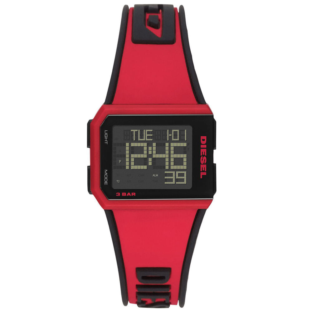 Reloj Diesel Chopped DZ1923 Digital Para Hombre Luz de Fondo Cronómetro Correa de Silicona Rojo Negr
