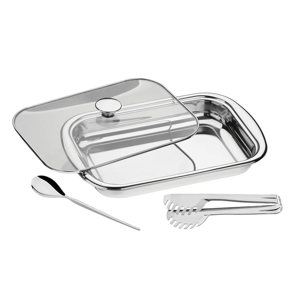 Juego para hornear y Servir de A. Inox C/Tapa de vidrio 3 Pzas Tramontina