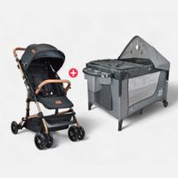 Combo Coche Para Bebé Circus Manija Reversible Negro + Cuna Corral Colecho Circus Gris