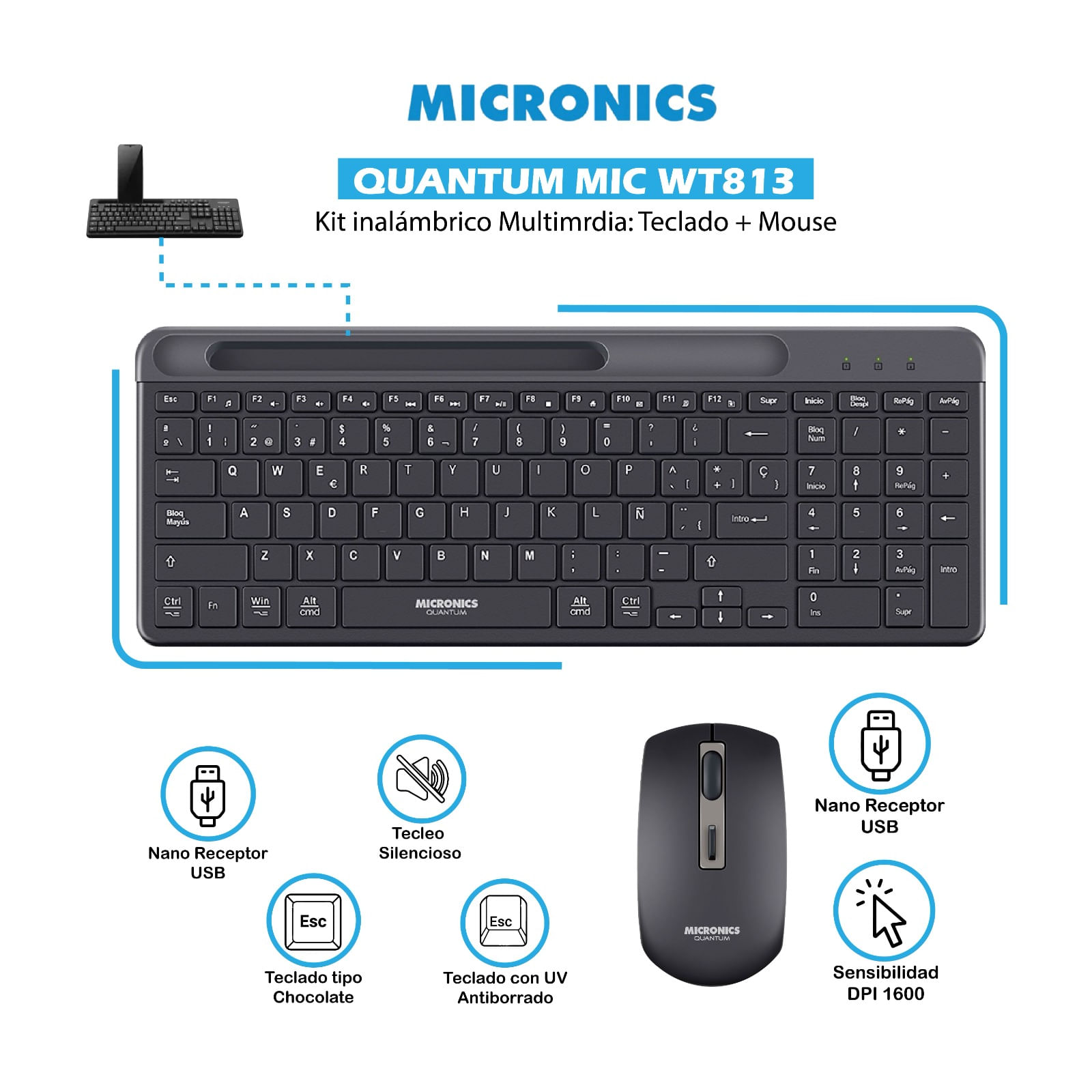 Kit Inalámbrico 2en1 Teclado y Mouse Micronics Quantum MIC WT813 Negro