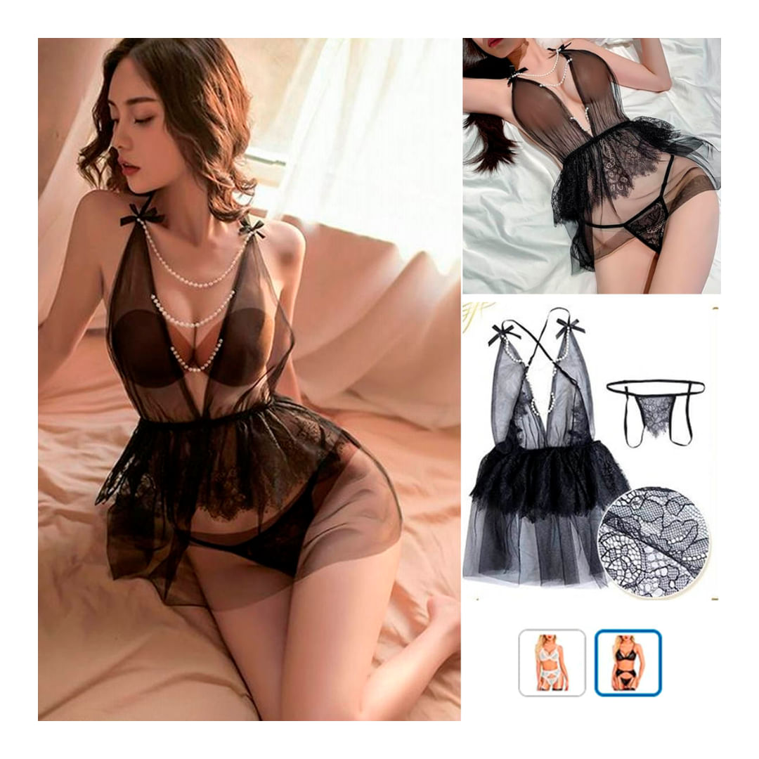 Babydoll de Encaje para Mujer con Perlas