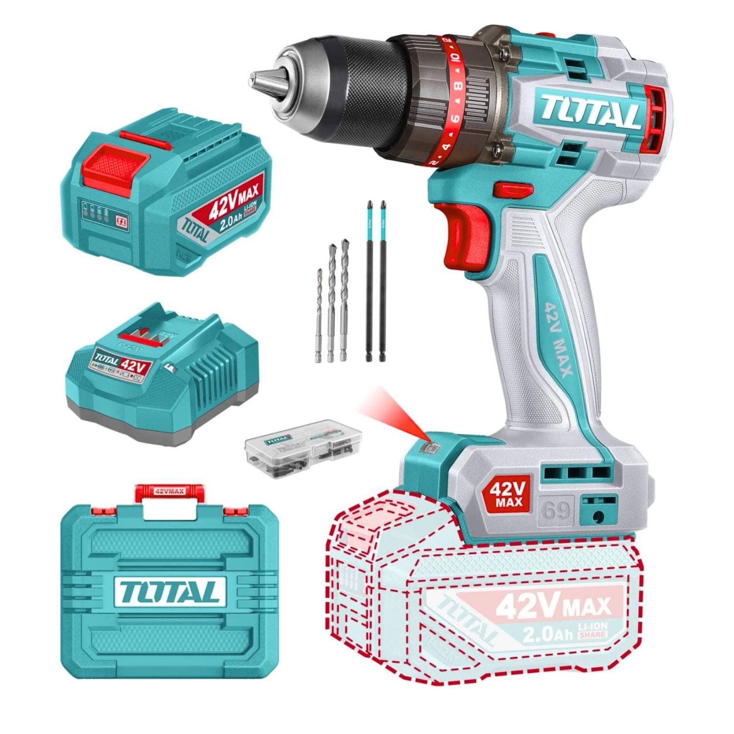 Taladro Percutor 69Nm + 1 Batería y Cargador 42v Total