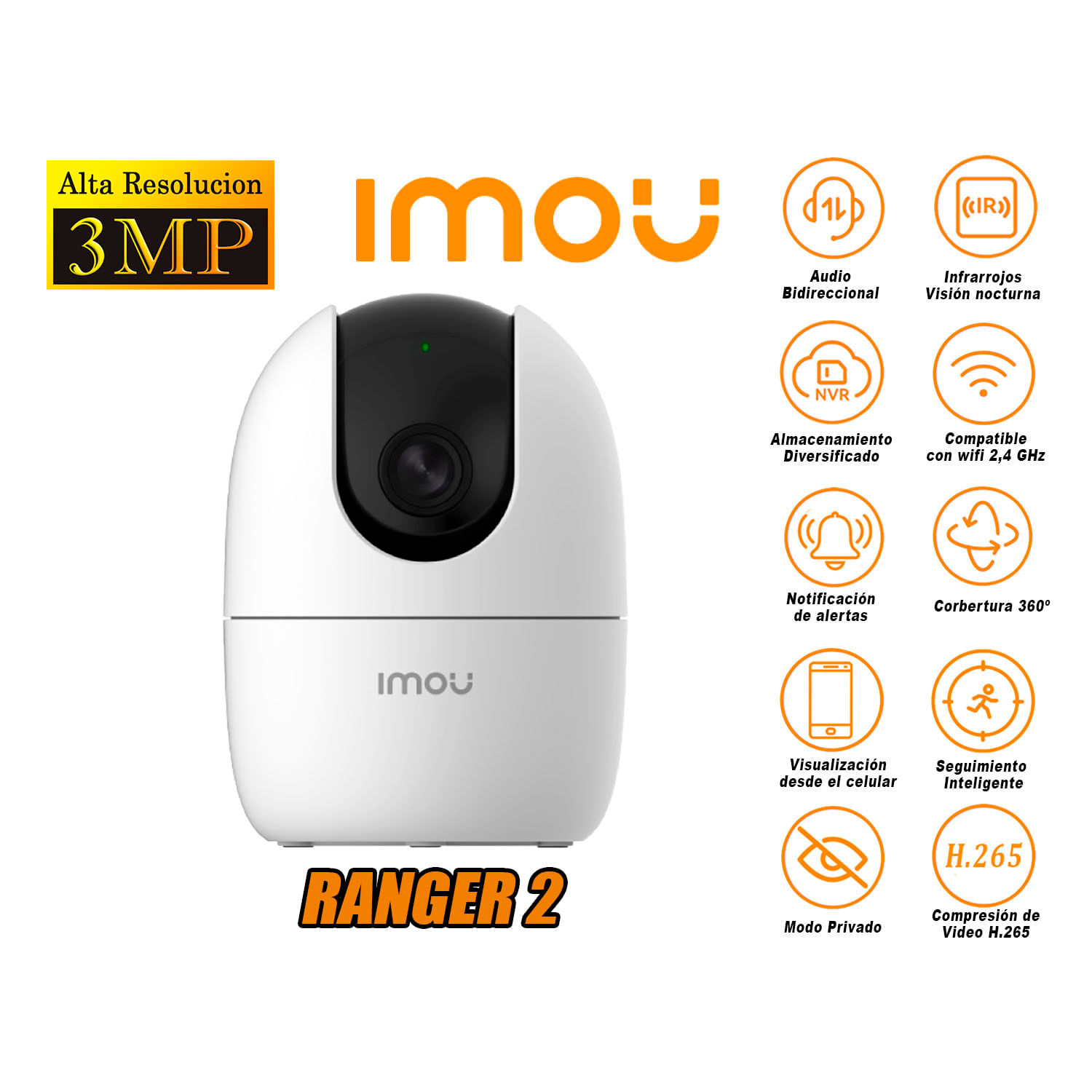 Cámara de Seguridad Wi-Fi Imou RANGER 2 3MP Gira 360° Inteligente