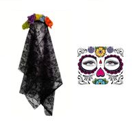 Set x 2 accesorios disfraz Catrina vincha de flores con velo negro y tatuaje multicolor Halloween