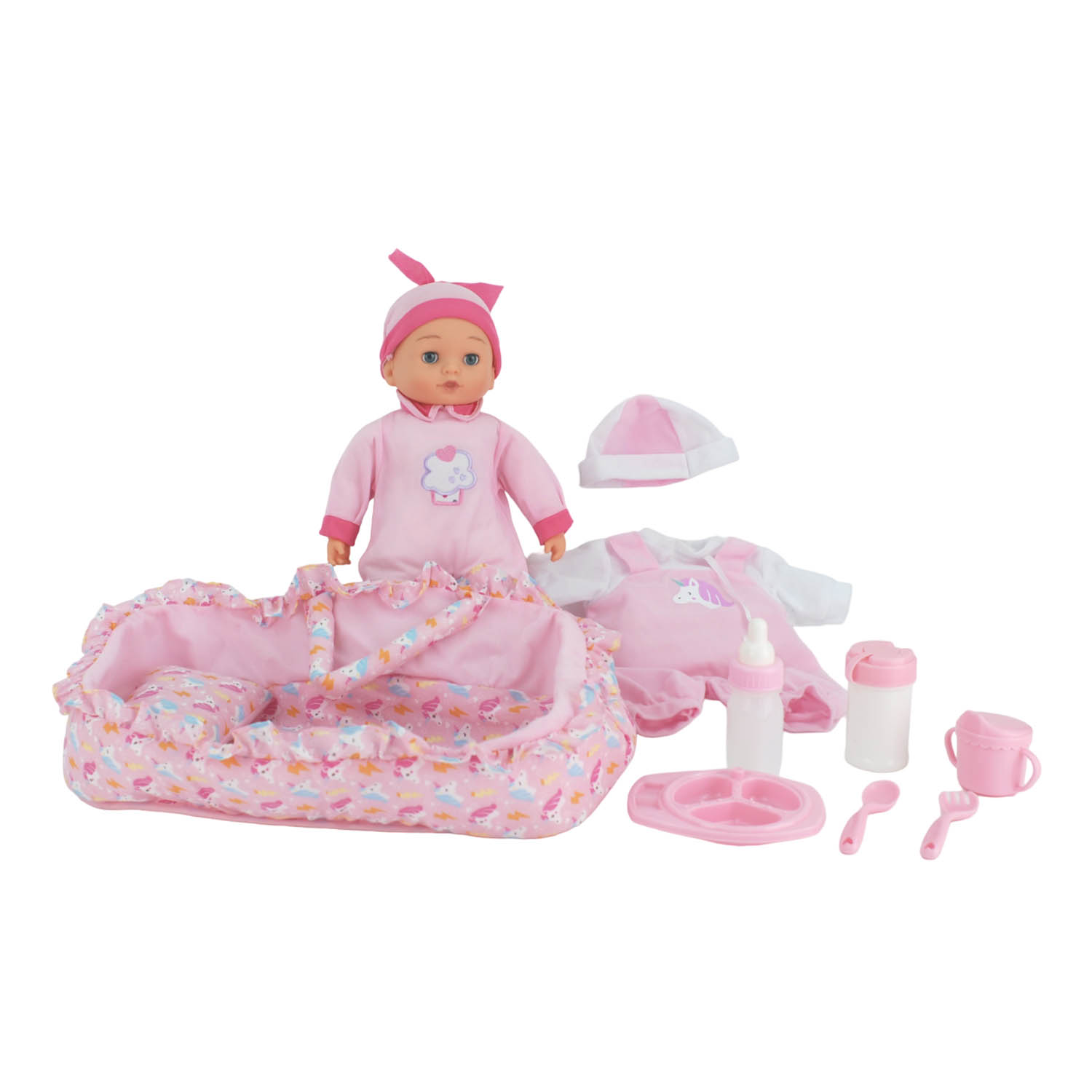 Muñeca Bebé Deluxe Con Portador 10 Accesorios 16 Sonidos 35 Cm