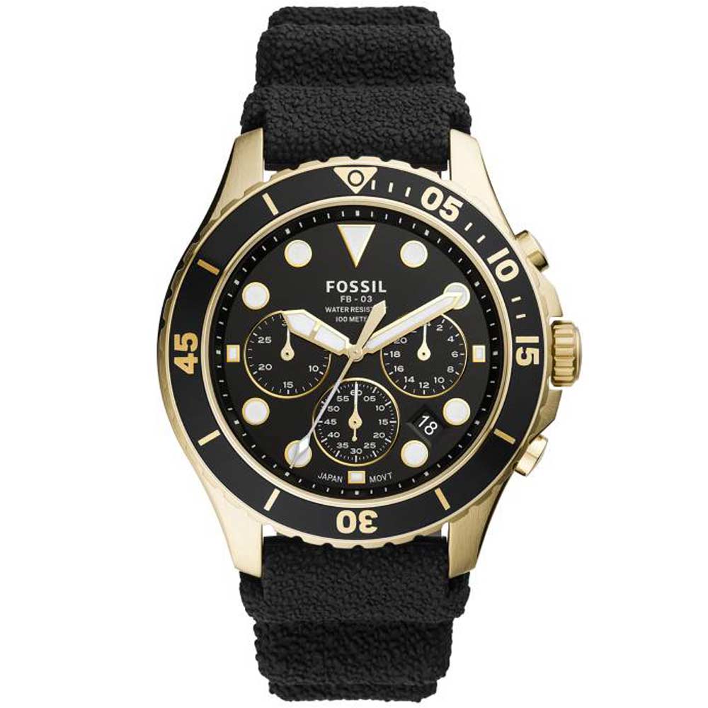 Reloj Fossil FB-03 FS5729 Fecha Cronómetro Silicona Negro Acero Dorado