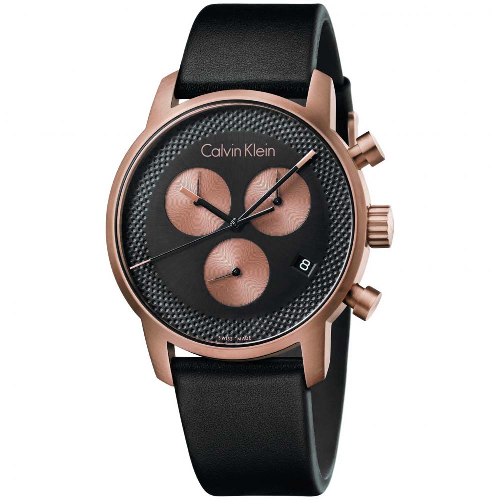 Reloj Calvin Klein City Chrono K2G17TC1 Suizo Fecha Correa de Cuero Negro Cobre