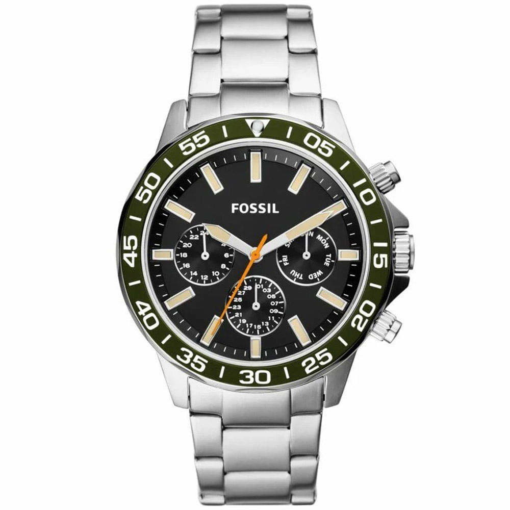 Reloj Fossil Bannon BQ2625 Multifuncional Acero Inoxidable Dial Negro Bisel Verde