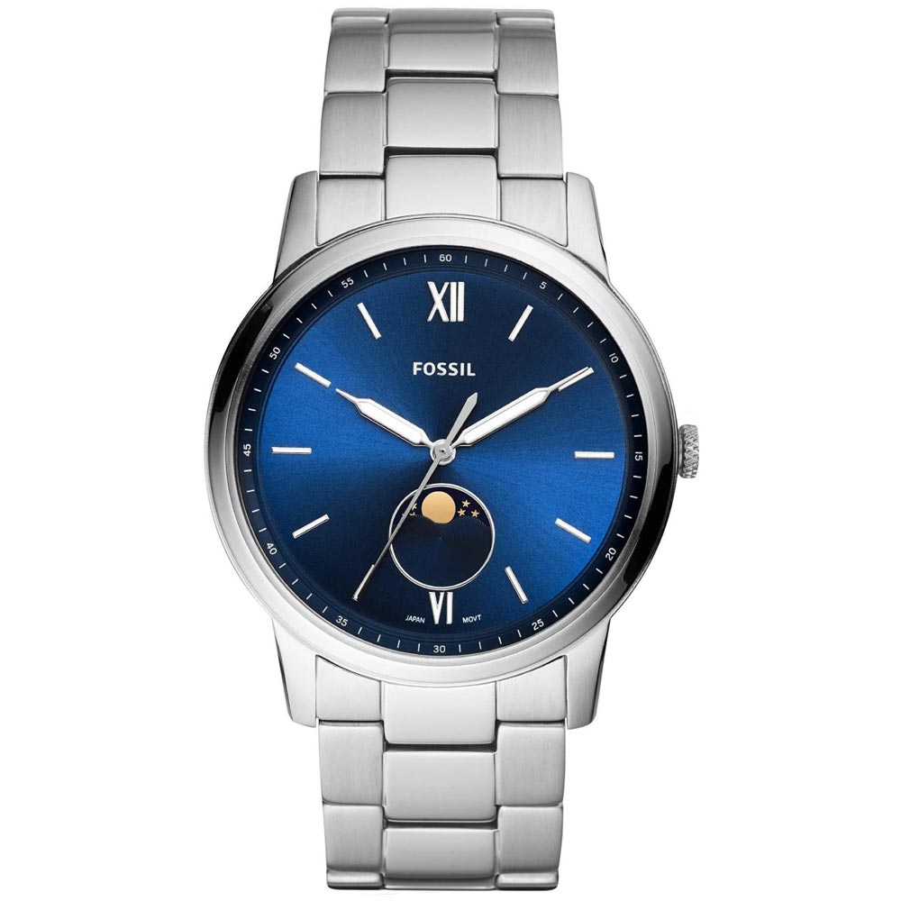 Reloj Fossil Minimalist Moonphase FS5618 Ultra Delgado Plateado Azul