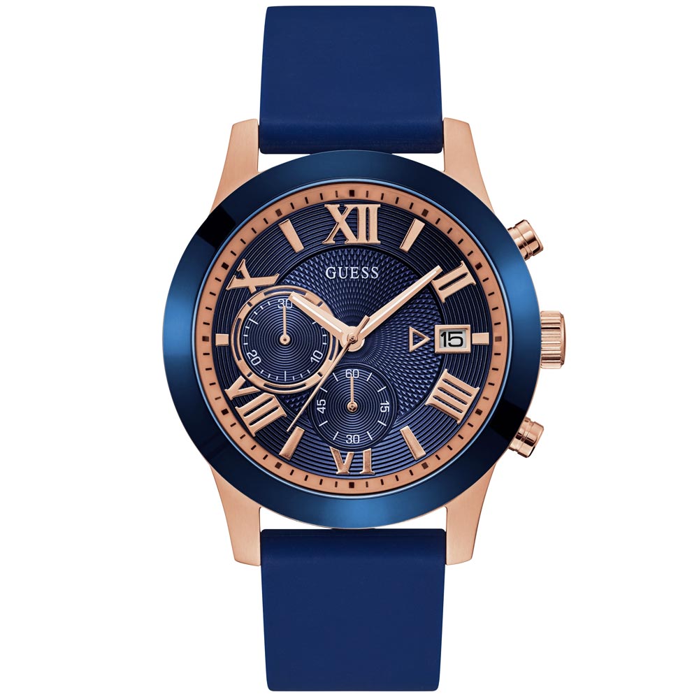 Reloj Guess Atlas W1055G2 Cronómetro Correa de Silicona Azul Dorado