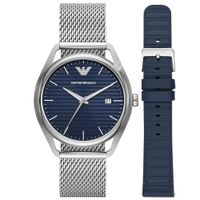 Reloj Emporio Armani Matteo AR80054 Hombre Fecha Set 2 Correas Acero Inoxidable y Cuero Dial Azul
